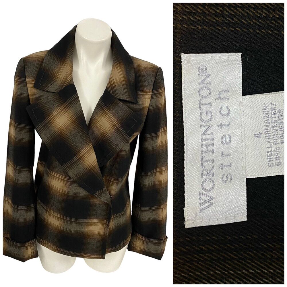 Worthington Blazer Womens Size 4 Jacket Office Brown Plaid Professional Work